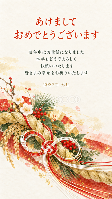 水引とお正月飾り・しめ縄と紅白の水引の年賀状 水引とお正月飾り・しめ縄と紅白の水引の年賀状