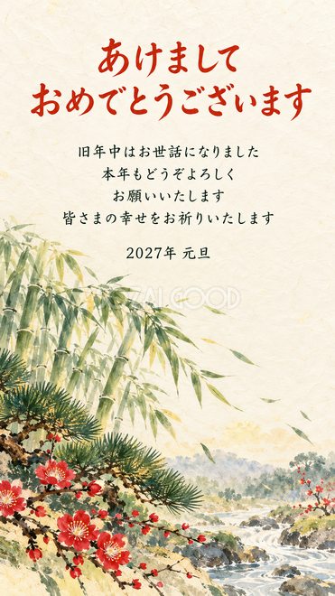 松竹梅の和風・竹林を渡る春風の年賀状 松竹梅の和風・竹林を渡る春風の年賀状