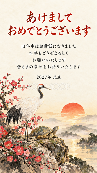 鶴と亀の縁起物・岩でくつろぐ亀と梅の年賀状 鶴と亀の縁起物・岩でくつろぐ亀と梅の年賀状