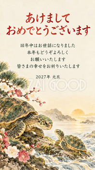 鶴と亀の縁起物・向かい合う亀と子亀のデジタル年賀状｜2027年の無料イラスト素材 117057