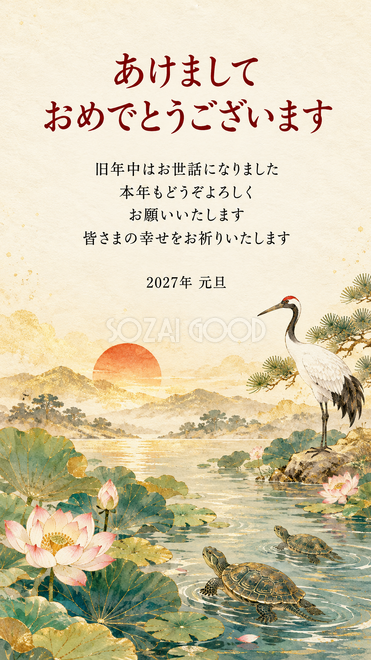 鶴と亀の縁起物・蓮の葉と泳ぐ亀の年賀状 鶴と亀の縁起物・蓮の葉と泳ぐ亀の年賀状
