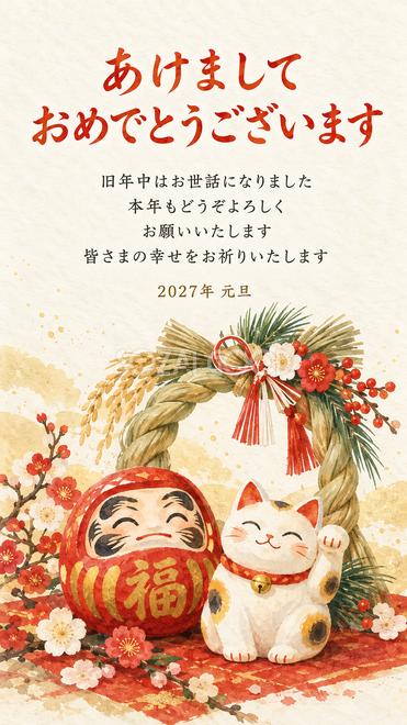 だるまと招き猫・しめ縄の輪と招き猫の年賀状 だるまと招き猫・しめ縄の輪と招き猫の年賀状