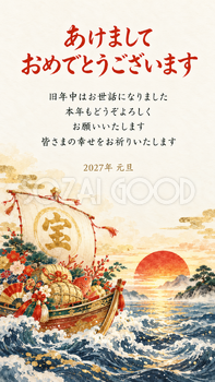 宝船と福を呼ぶ飾り・朝日に向かう宝船のデジタル年賀状｜2027年の無料イラスト素材 117074
