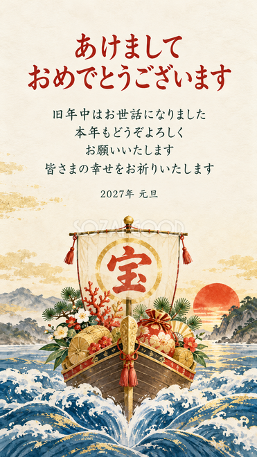 宝船と福を呼ぶ飾り・正面から見る波を越える宝船の年賀状 宝船と福を呼ぶ飾り・正面から見る波を越える宝船の年賀状