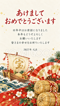 宝船と福を呼ぶ飾り・米俵と紅白の扇のデジタル年賀状｜2027年の無料イラスト素材 117079
