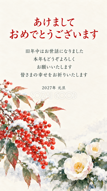 和の花を添える・南天と雪の白椿の年賀状 和の花を添える・南天と雪の白椿の年賀状