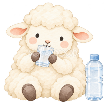 水を飲んで休憩する羊｜かわいい水彩の無料イラスト素材 117131