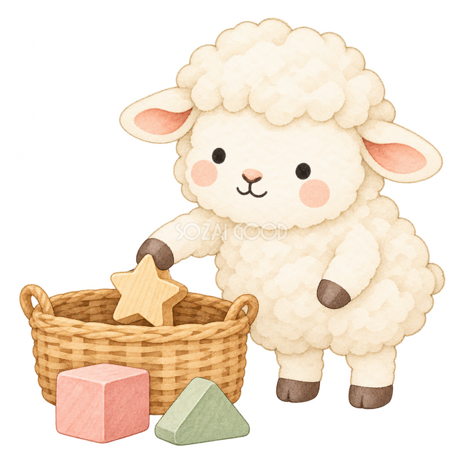 おもちゃを片づける羊 おもちゃを片づける羊