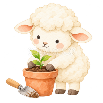 春の苗を植える羊｜かわいい水彩の無料イラスト素材 117142