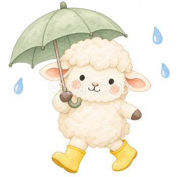 傘をさして歩く羊｜かわいい水彩の無料イラスト素材 117145