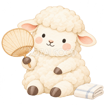 うちわで涼む羊｜かわいい水彩の無料イラスト素材 117147
