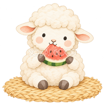 すいかを味わう羊｜かわいい水彩の無料イラスト素材 117148