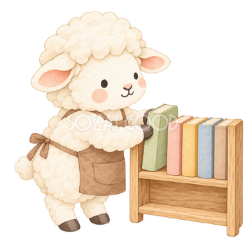 本を並べる羊の本屋さん｜かわいい水彩の無料イラスト素材 117160