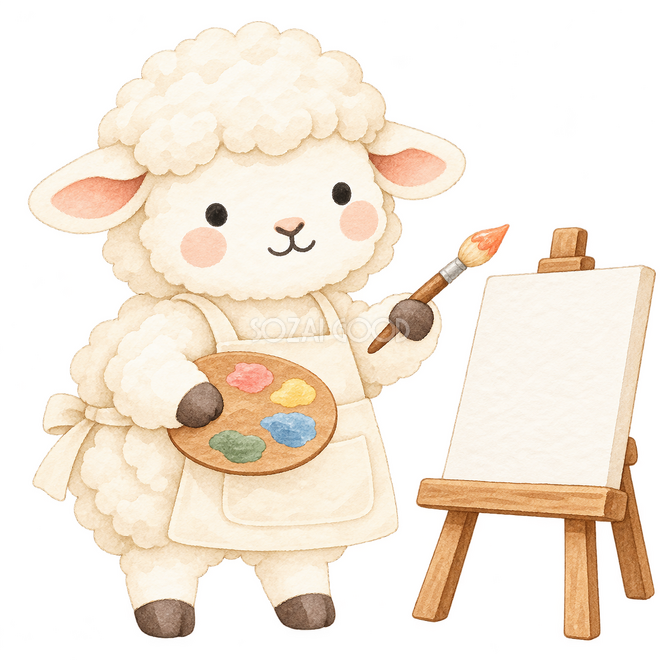 絵筆を持つ羊の絵画教室の先生