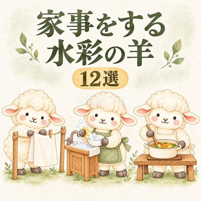 家事をする水彩の羊12選 家事をする水彩の羊12選