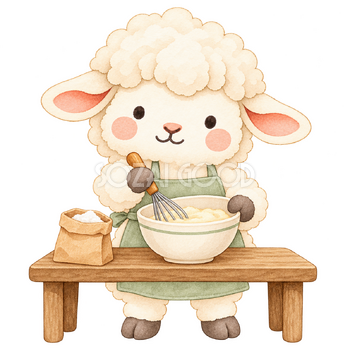 ボウルで材料を混ぜる羊｜かわいい水彩の無料イラスト素材 117201