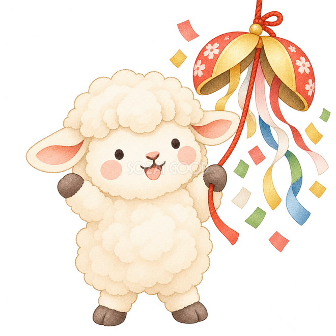 くす玉でお祝いする羊 くす玉でお祝いする羊