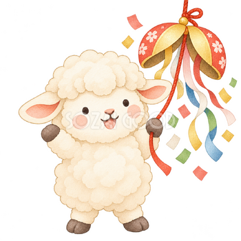 くす玉でお祝いする羊｜かわいい水彩の無料イラスト素材 117213