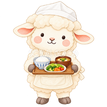 給食を運ぶ羊｜かわいい水彩の無料イラスト素材 117251