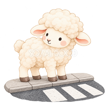 横断歩道で止まる羊｜かわいい水彩の無料イラスト素材 117280