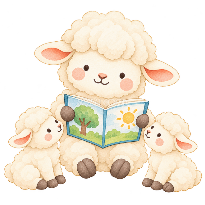 絵本の読み聞かせをする羊 絵本の読み聞かせをする羊