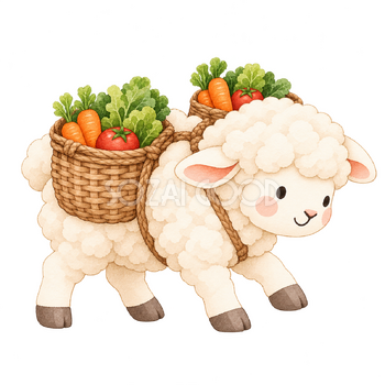 収穫した野菜を運ぶ羊｜かわいい水彩の無料イラスト素材 117320