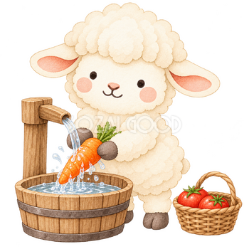 収穫した野菜を洗う羊｜かわいい水彩の無料イラスト素材 117321