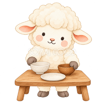 食器を並べる羊｜かわいい水彩の無料イラスト素材 117329