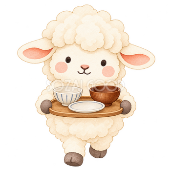 食べ終えた食器を下げる羊｜かわいい水彩の無料イラスト素材 117334