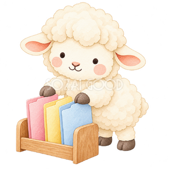 仕事のファイルを整理する羊｜かわいい水彩の無料イラスト素材 117344