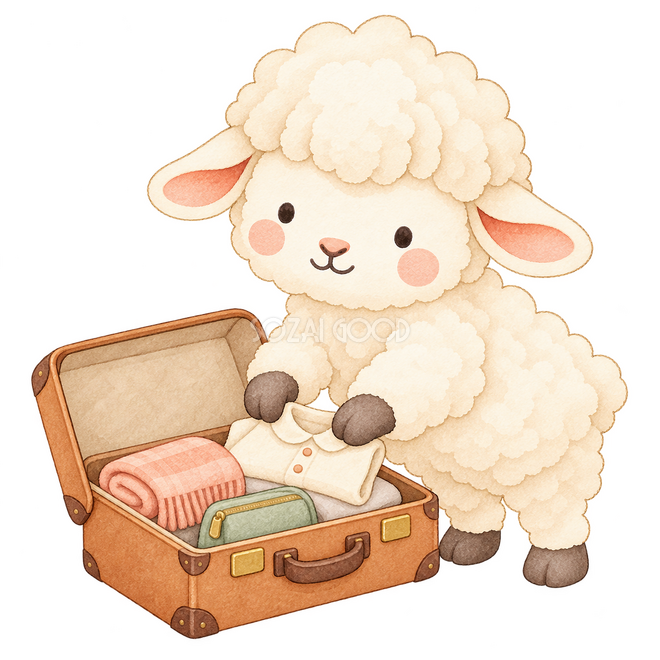 旅行の荷造りをする羊