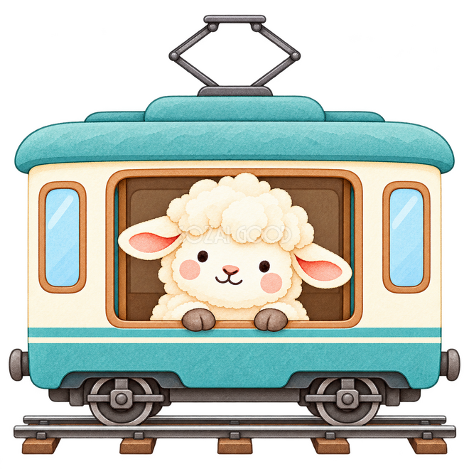 電車で出かける羊