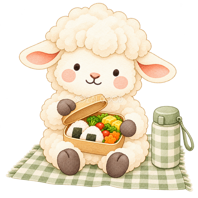遠足でお弁当を広げる羊