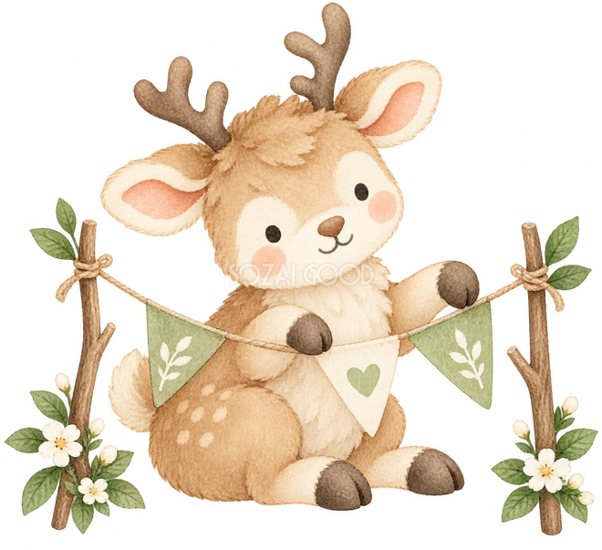 クリスマスの旗を飾るトナカイ