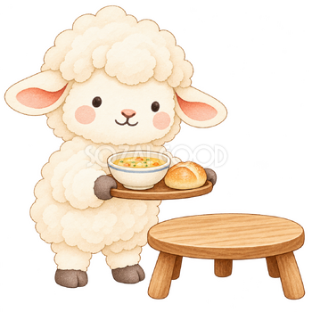 食事のトレーを届ける羊｜かわいい水彩の無料イラスト素材 117523