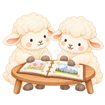 写真アルバムを囲む羊｜かわいい水彩の無料イラスト素材 117529