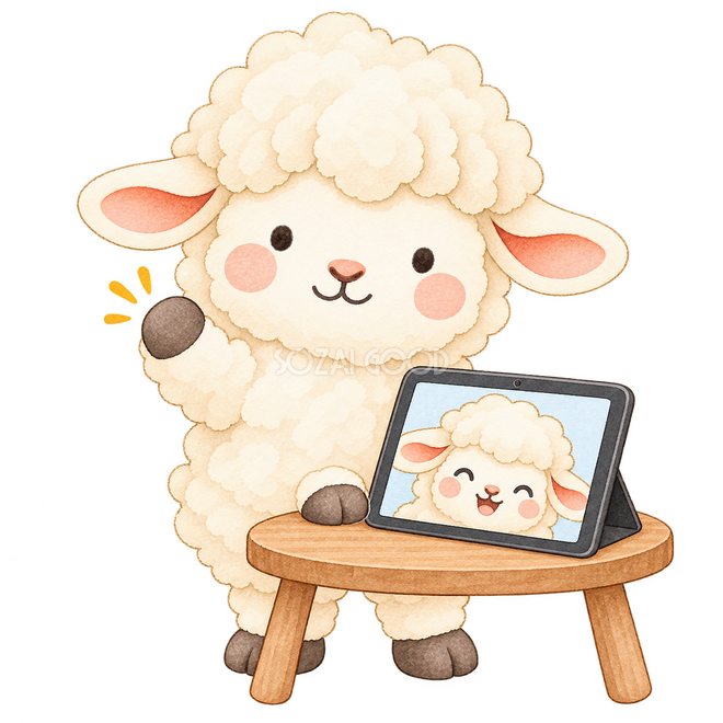 タブレットでビデオ通話する羊 タブレットでビデオ通話する羊