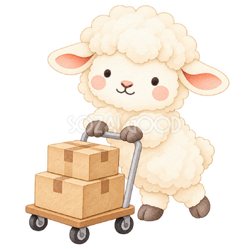 台車で荷物を運ぶ羊｜かわいい水彩の無料イラスト素材 117578