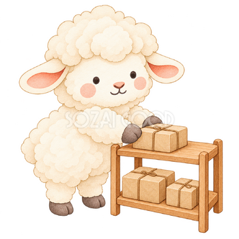 荷物を棚に並べる羊｜かわいい水彩の無料イラスト素材 117579