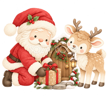 玄関へ小包を届けるサンタとトナカイ｜ふわふわ水彩のかわいい無料イラスト素材 117652