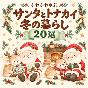 サンタとトナカイの冬の暮らし20選｜かわいい水彩の無料イラスト素材 117681
