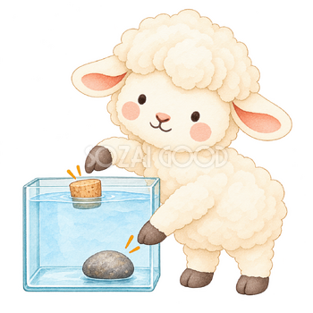 水に浮く沈むを観察する羊｜かわいい水彩の無料イラスト素材 117745