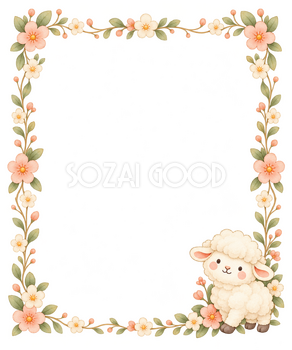 羊と花の縦長フレーム｜かわいい水彩の無料イラスト素材 117769