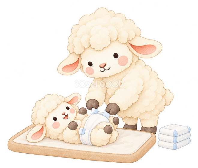 赤ちゃんのおむつを替える羊 赤ちゃんのおむつを替える羊