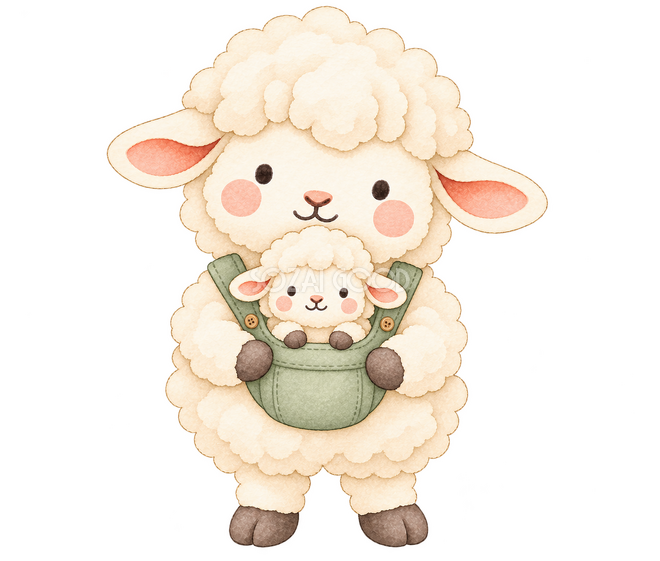 抱っこひもで赤ちゃんを抱く羊 抱っこひもで赤ちゃんを抱く羊