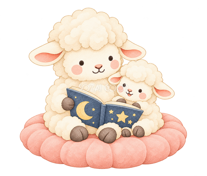 赤ちゃんと絵本を読む羊