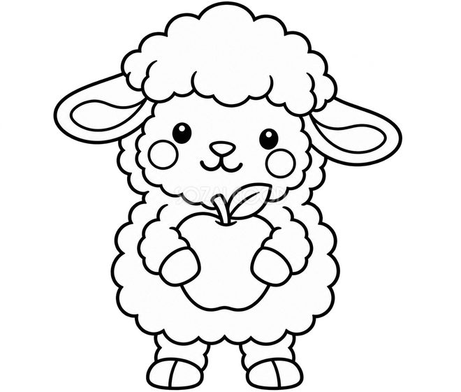 りんごを持つ羊のかんたんぬりえ