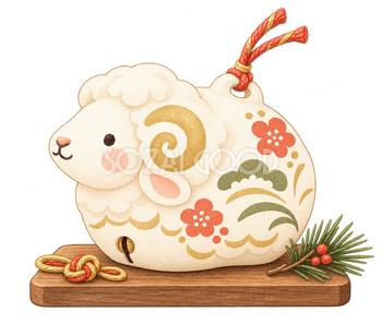 松を添えた木の台の羊の土鈴｜かわいい水彩の無料イラスト素材 117863