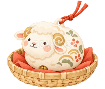 小かごに飾る羊の土鈴｜かわいい水彩の無料イラスト素材 117864