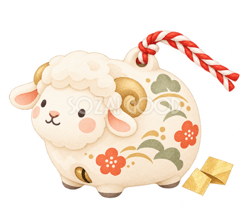 結び飾りを添えた羊の土鈴｜かわいい水彩の無料イラスト素材 117866